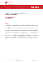 Pierwsza strona opracowania CAA Brief z czerwonym logiem Ośrodka Spraw Azjatyckich w lewym górnym rogu, pod którym znajduje się czerwony pasek z napisem "CAA Brief" a pod nim czarny tekst na białej stronie
