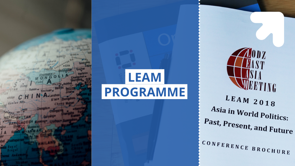 Po lewej stronie globus, na środku napis "LEAM PROGRAMME", po prawej stronie okładka programu konferencji naukowej LEAM z 2018 roku/On the left side a globe, in the center the inscription "LEAM PROGRAMME", on the right side the cover of the program of the 2018 LEAM scientific conference