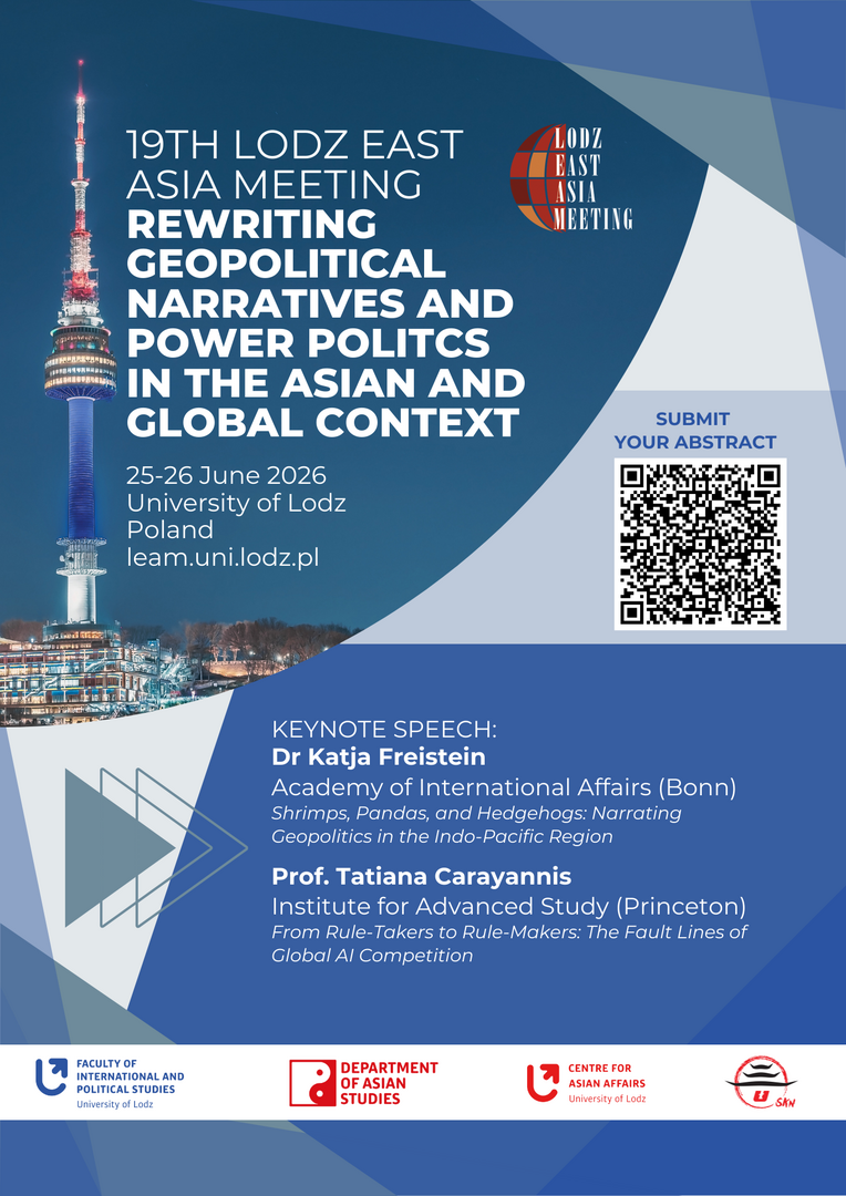 Promotional poster for the 19th Lodz East Asia Meeting titled “Rewriting Geopolitical Narratives and Power Politics in the Asian and Global Context.”
