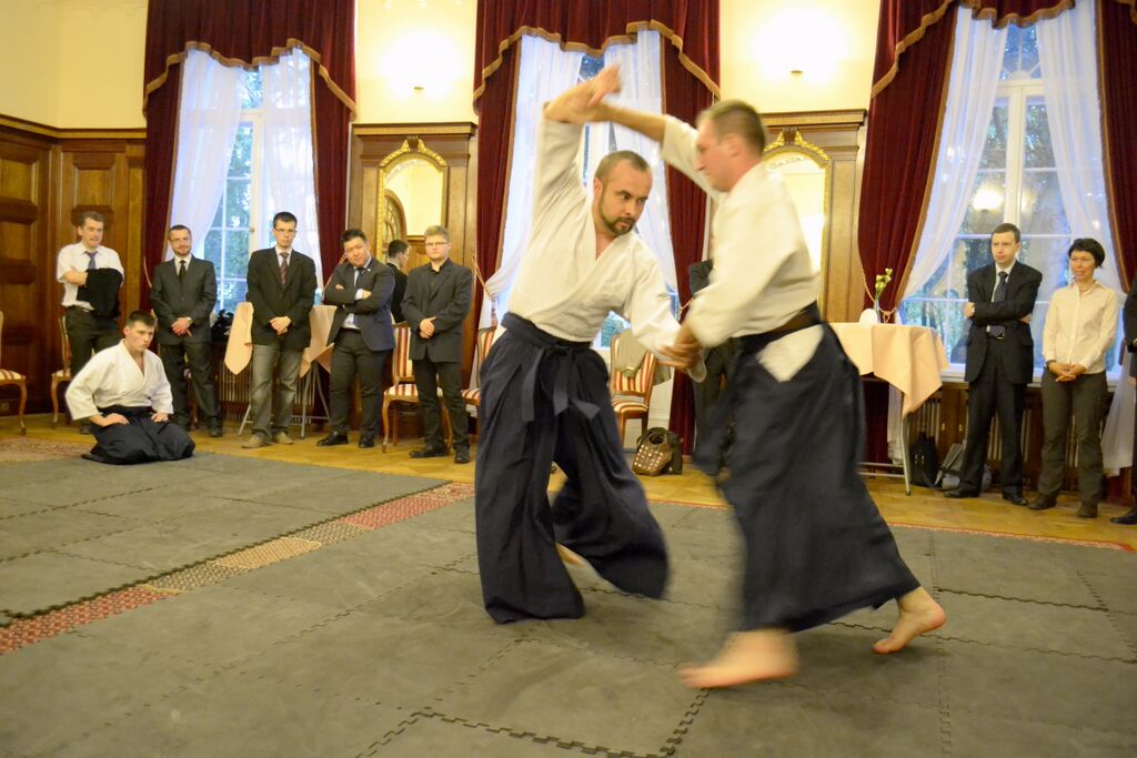 Pokaz wschodnich sztuk walk w sali kominkowej pałacu Bidermanna dla uczestników konferencji LEAM 2015/A show of eastern martial arts in the fireplace hall of Bidermann Palace for the participants of the LEAM 2015 conference