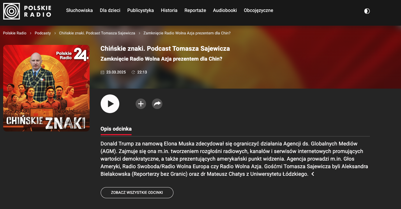 Zrzut ekranu przedstawiający listę nagrać podcastu "Chińskie Znaki"