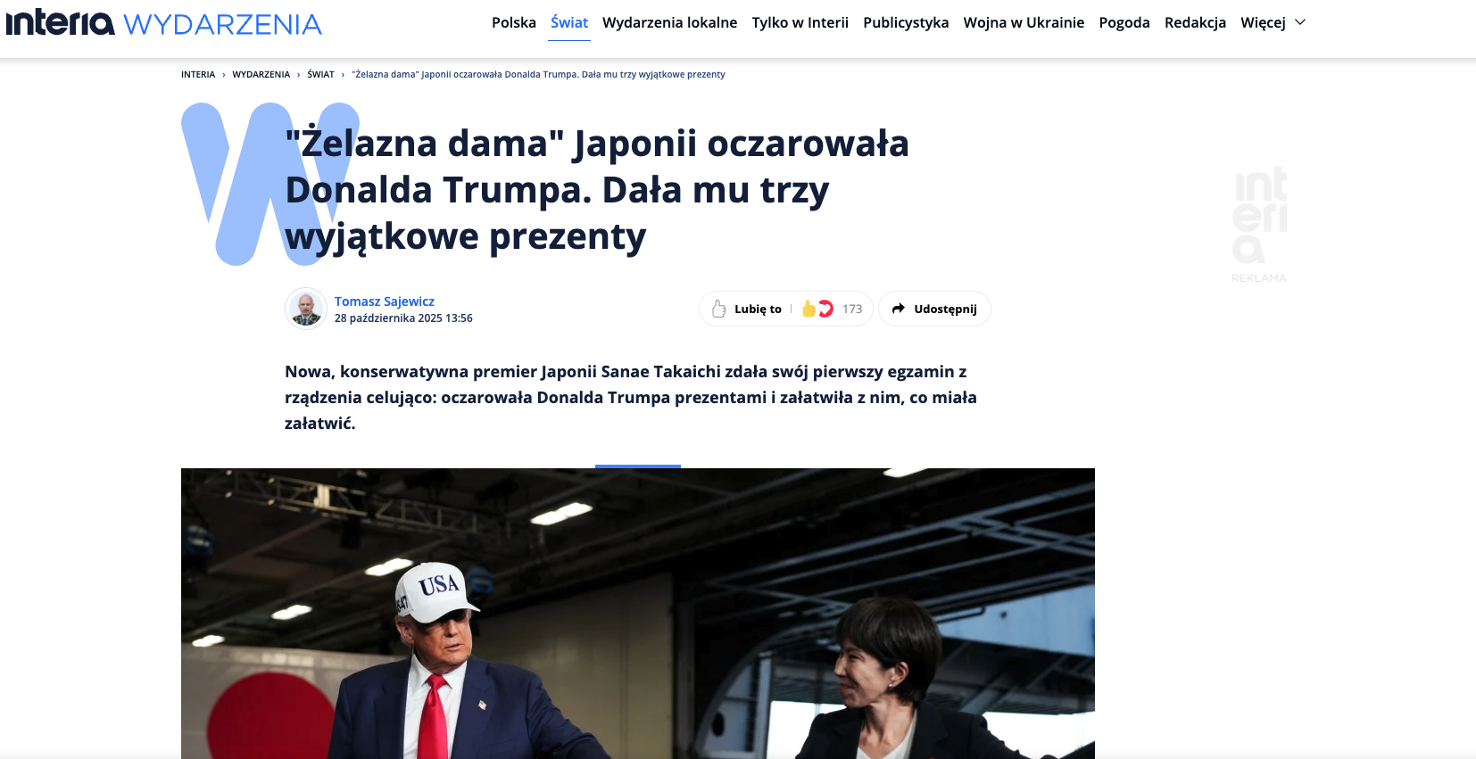 Zrzut ekranu z portalu Interia Wydarzenia ze zdjęciem Donalda Trumpa i Sanae Takaichi