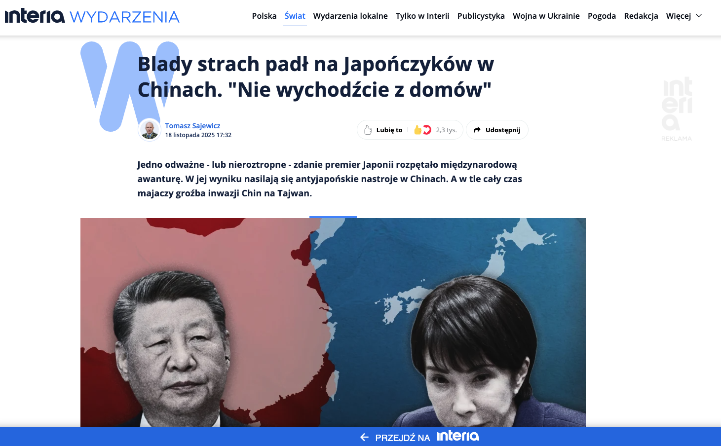 Zrzut ekranu z portalu Interia Wydarzenia. Zdjęcie przedstawiające Xi Jinpin