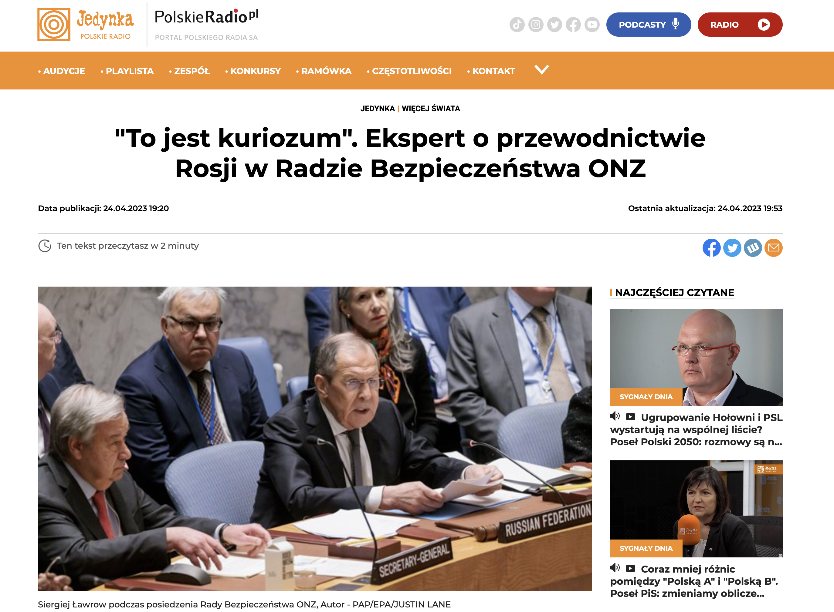 Zrzut ekranu strony internetowej Jedynki Polskiego Radia/Screenshot of the Jedynka Polskie Radio website
