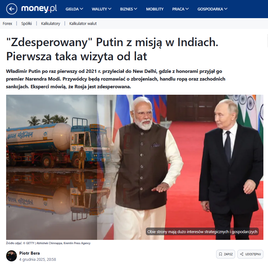 Zrzut ekranu z portalu money.pl. Zdjęcie przedstawia Narendra Modiego i Władnimira Putina. Obok zdjęcie ciężarówki z paliwem.