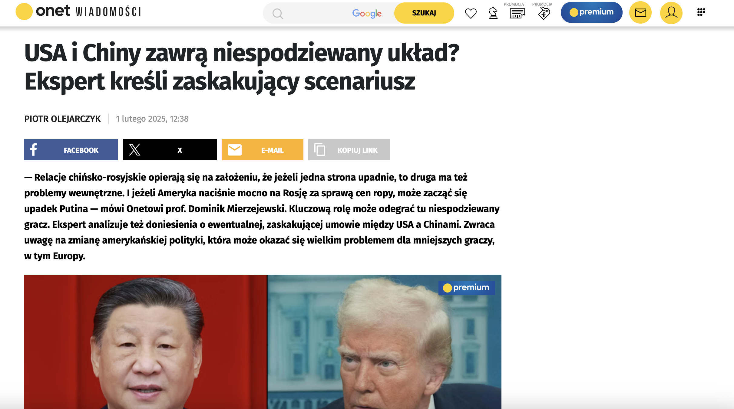 Zrzut ekranu z wywiadem na portalu onet wiadomości/Screenshot of an interview on the onet news portal