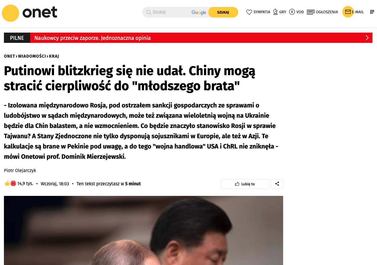 Zrzut ekranu z wywiadem na portalu onet wiadomości/Screenshot of an interview on the onet news portal