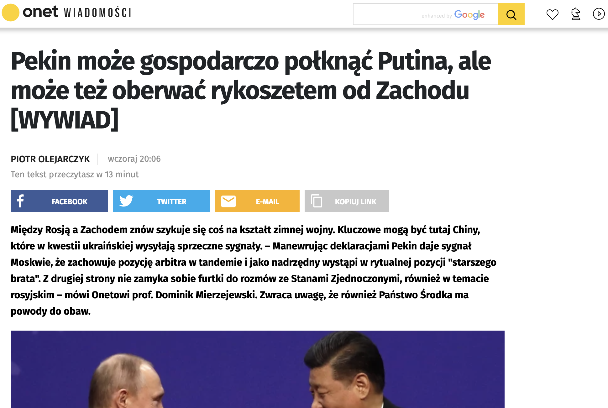 Zrzut ekranu z wywiadem na portalu onet wiadomości/Screenshot of an interview on the onet news portal