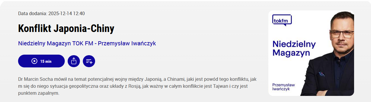 Screenshot from TOKFM.pl site. Description of podcast content about China-Japan conflict.