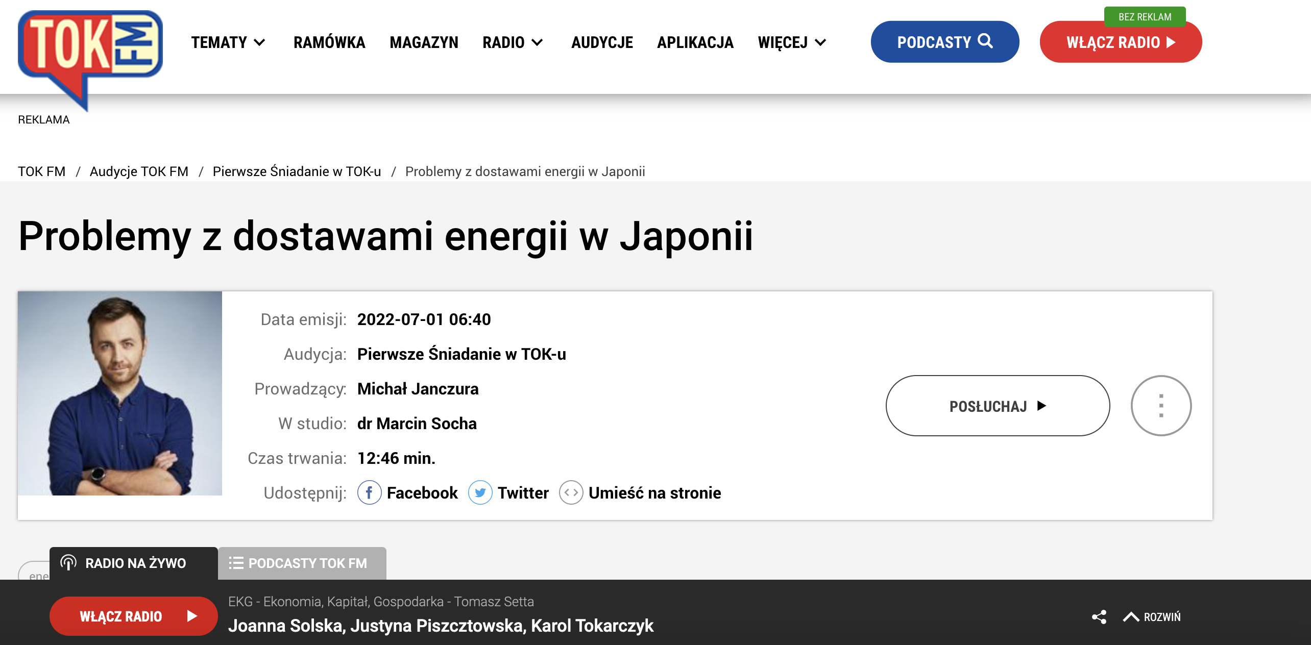 Zrzut ekranu strony internetowej Radia Tok FM/Screenshot of Radio Tok FM website