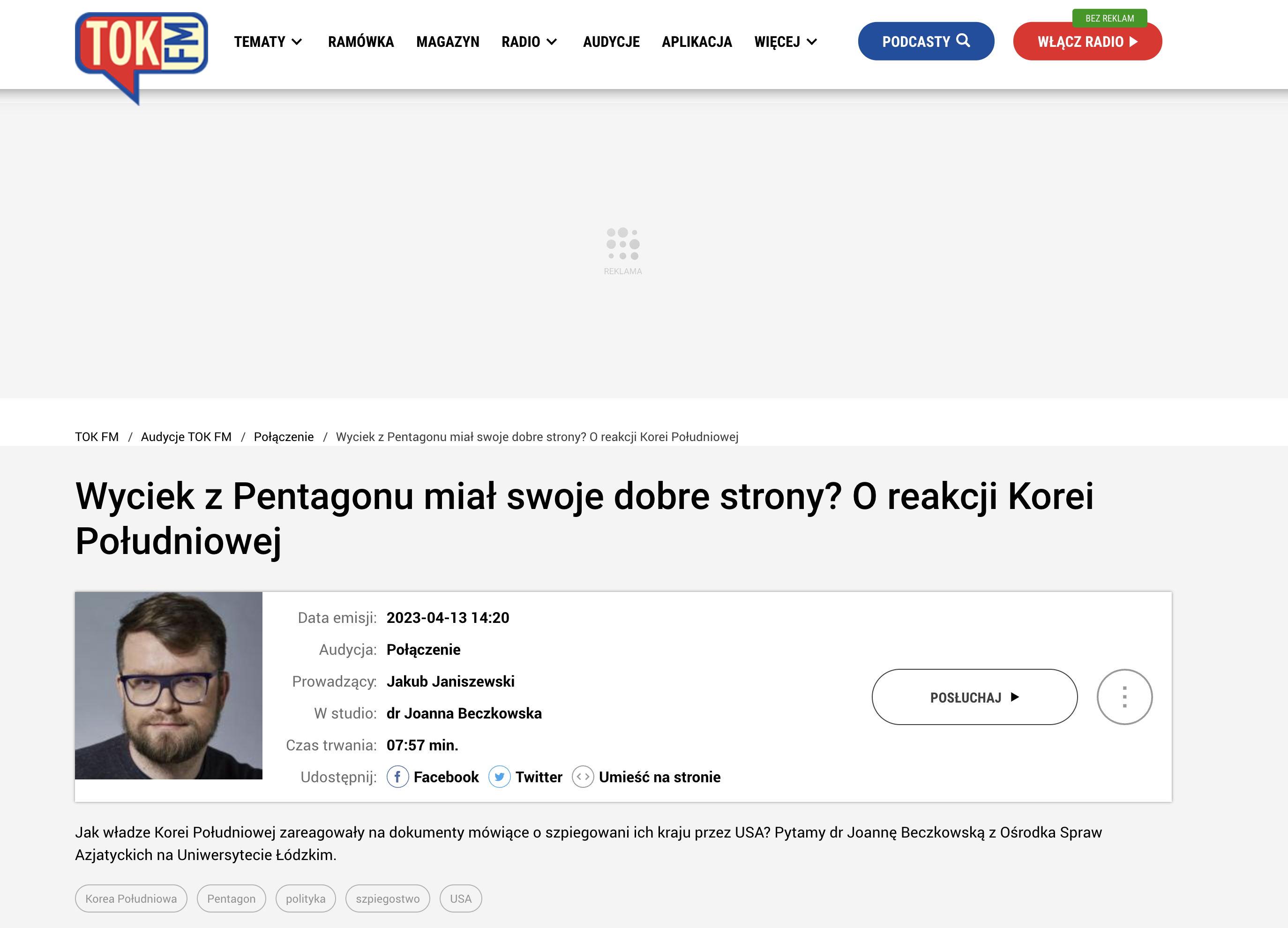 Zrzut ekranu strony internetowej Radia Tok FM/Screenshot of Radio Tok FM website