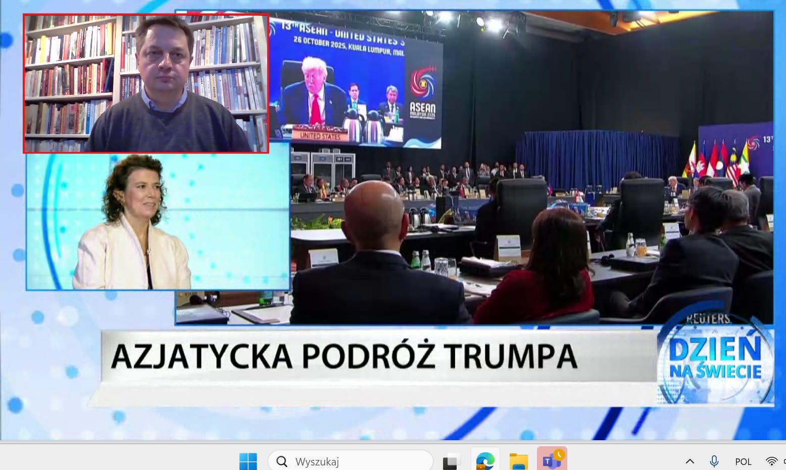 Zrzut ekranu programu "Dzień na świecie" w telewizji TVN przedstawiający mężczyznę i kobietę oraz tytuł "Azjatycka podróż Trumpa"