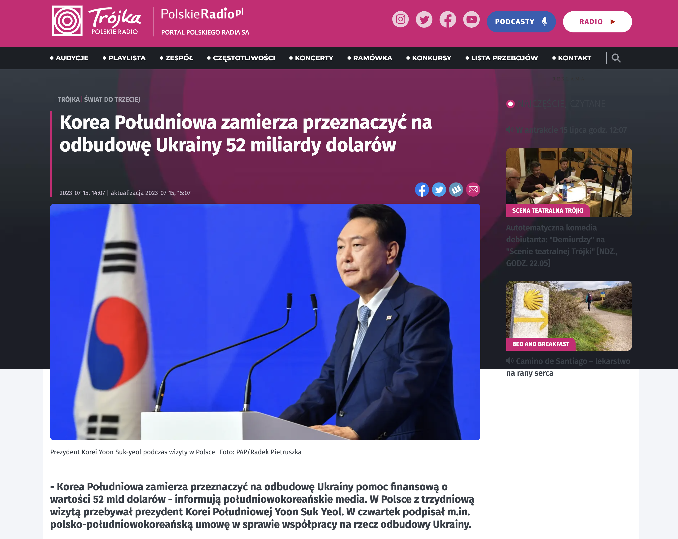 Zrzut ekranu strony internetowej Trójka Polskie Radio/Screenshot of Trójka Polskie Radio website