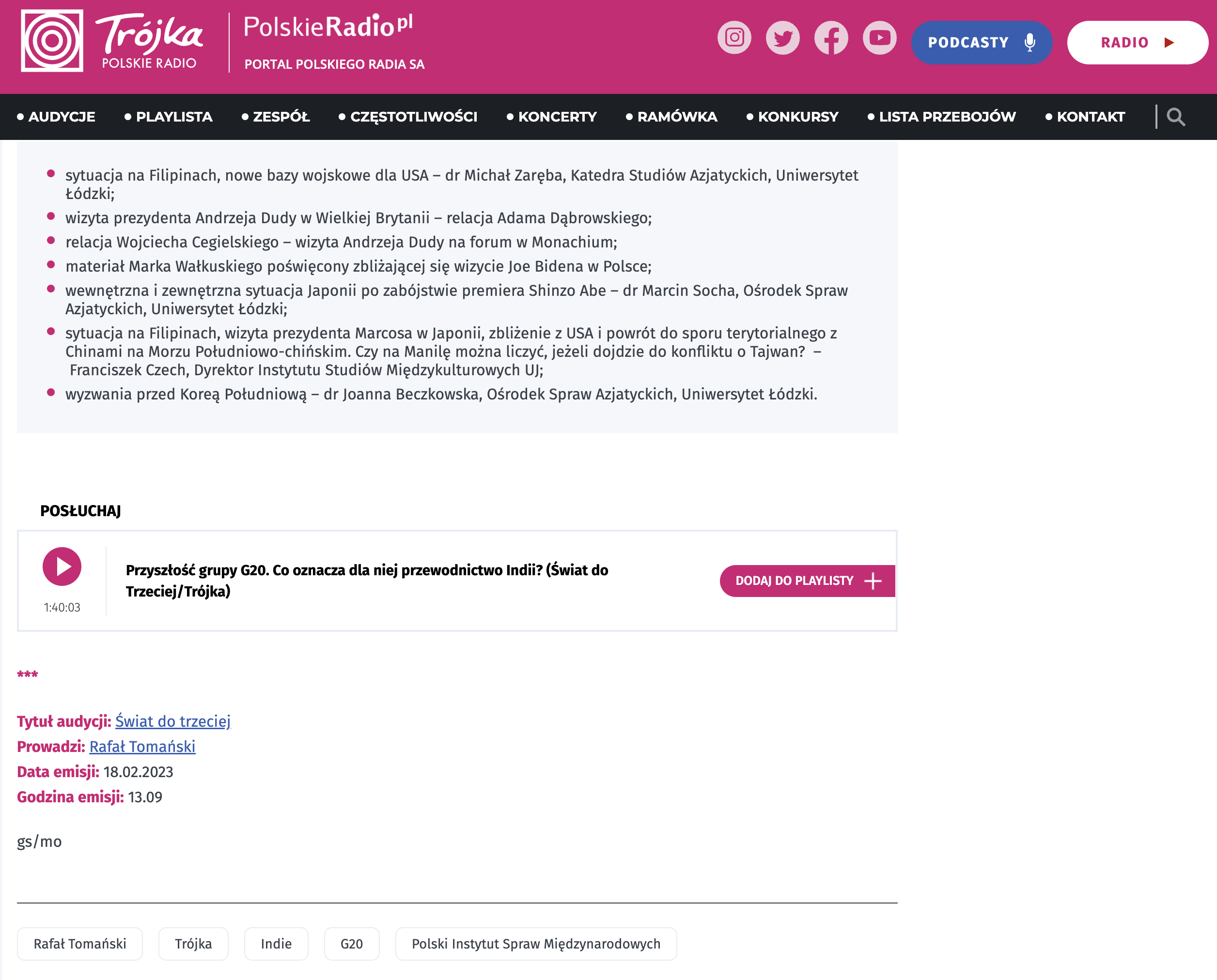 Zrzut ekranu strony internetowej Trójka Polskie Radio/Screenshot of Trójka Polskie Radio website