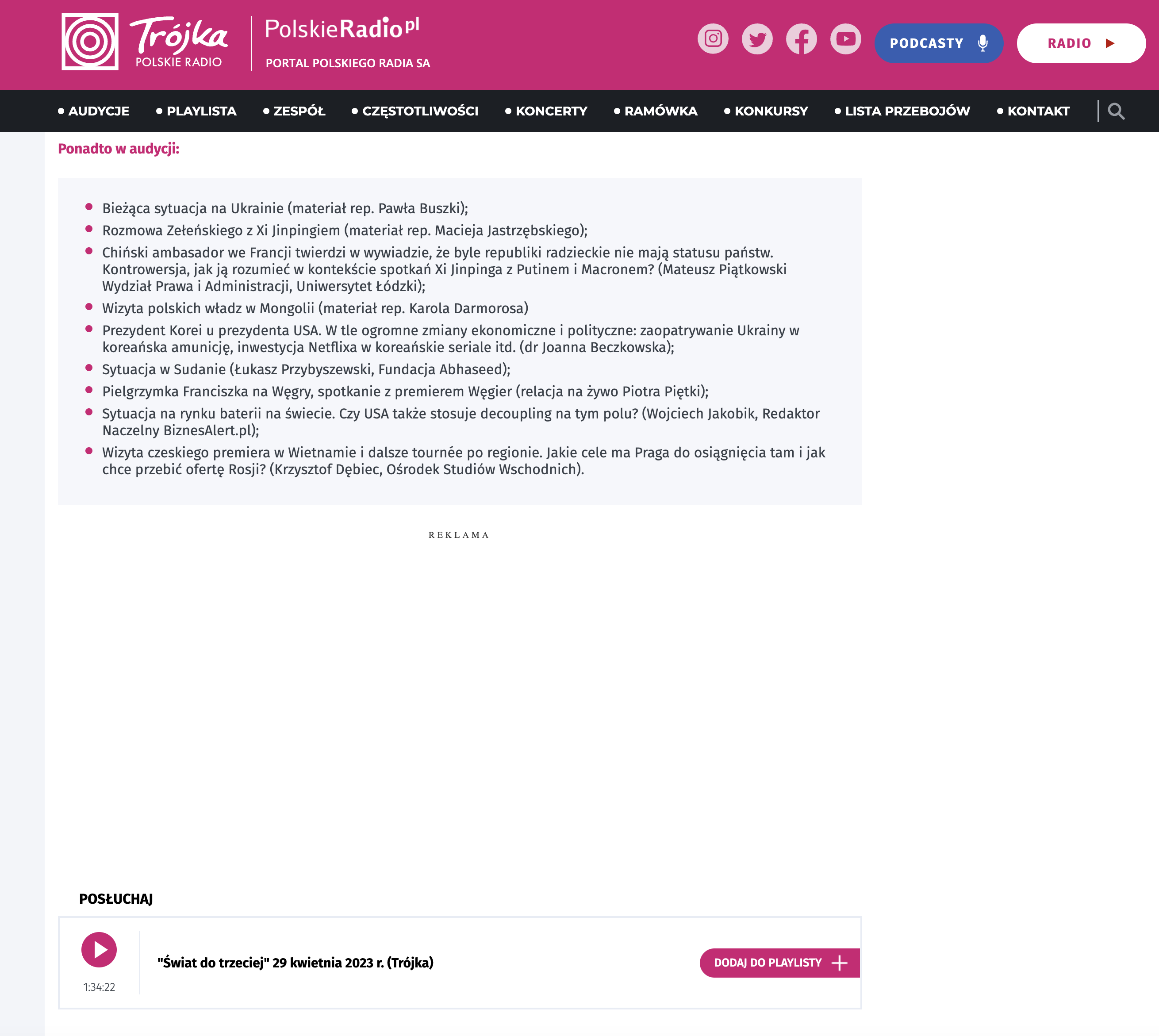 Zrzut ekranu strony internetowej Trójka Polskie Radio/Screenshot of Trójka Polskie Radio website