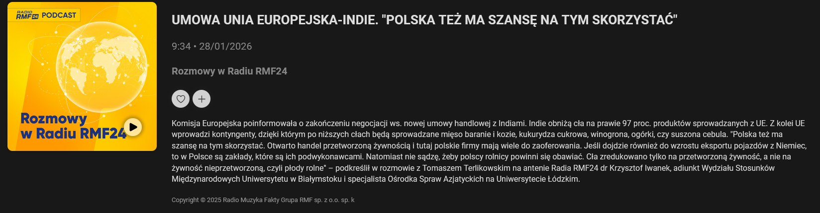 Screenshot of RMF24 podcast site taken 28 January 2026