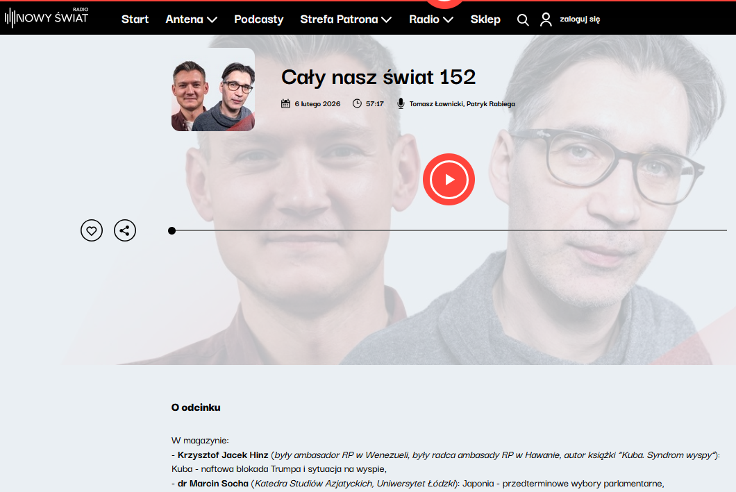 Screenshot of the “Cały nasz świat” podcast from February 6, 2026
