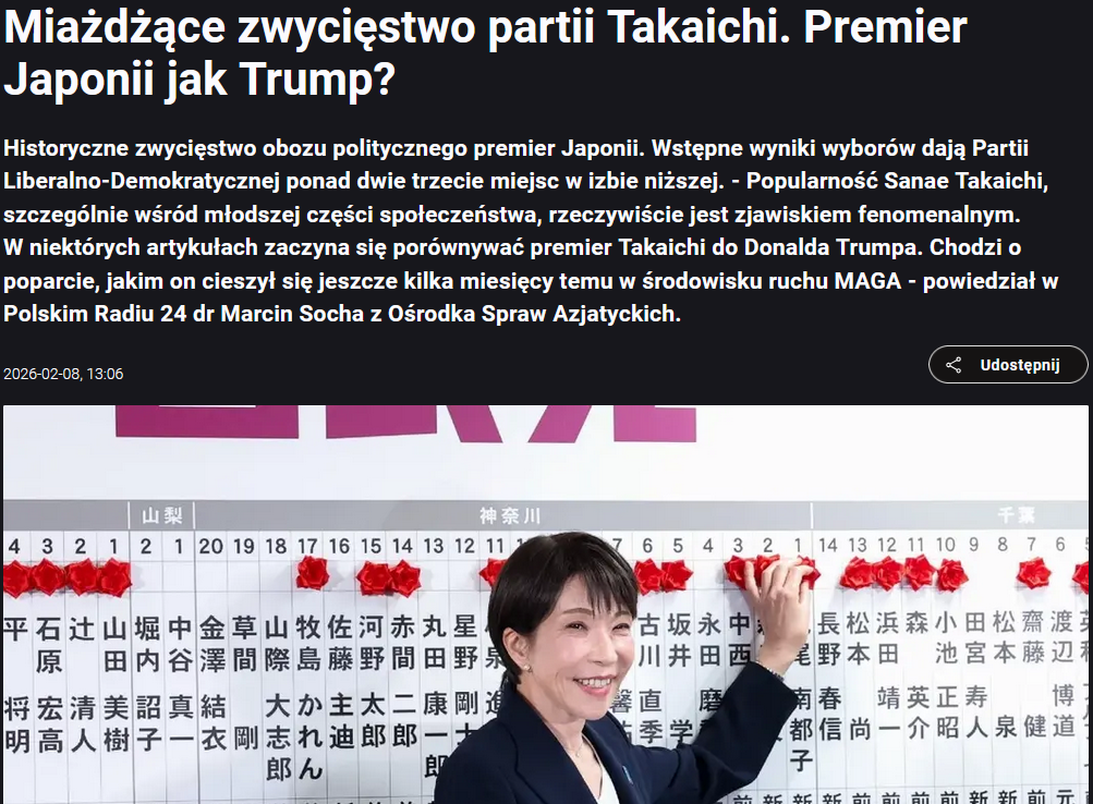 Screenshot from February 8, 2026, from the Świat 24 broadcast portal on elections in Japan