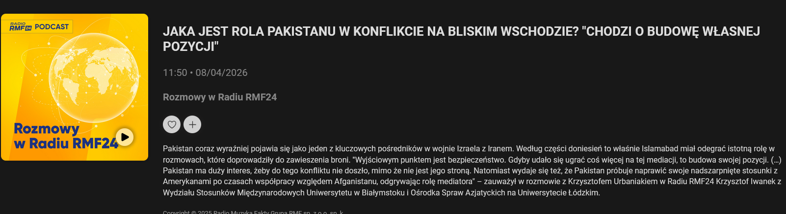 Zrzut ekranu audycji Rozmowy w Radiu RMF24 z 8 kwietnia 2026