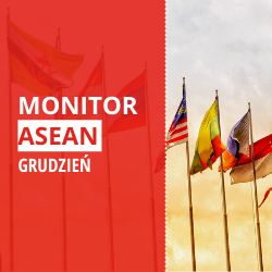 Tekst "Monitor ASEAN grudzień" na czerwonym tle, a obok cztery flagi państw członkowskich ASEAN