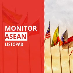 Tekst "Monitor ASEAN listopad" na czerwonym tle, a obok cztery flagi państw członkowskich ASEAN
