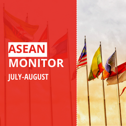 The text "ASEAN Monitor July-August" on a red background, with four ASEAN member state flags next to it