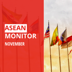 The text "ASEAN Monitor November" on a red background, with four ASEAN member state flags next to it