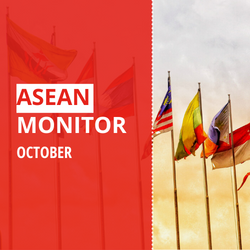The text "ASEAN Monitor October" on a red background, with four ASEAN member state flags next to it.