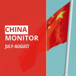The text "China Monitor July-August" on a red background, with the Chinese flag next to it