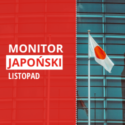 Tekst "Monitor Japoński listopad" na czerwonym tle, a obok flaga Japonii