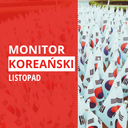 Tekst "Monitor Koreański listopad" na czerwonym tle, a obok duża liczba małych flag Korei Południowej