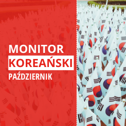 Tekst "Monitor Koreański październik" na czerwonym tle, a obok duża liczba małych flag Korei Południowej
