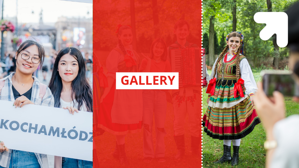 Po lewej stronie dwie chińskie studentki, na środku napis "Gallery", a po prawej stronie dziewczyna w ludowym stroju/On the left side, two Chinese students, in the center the inscription "Gallery", and on the right side, a girl in a folk costume