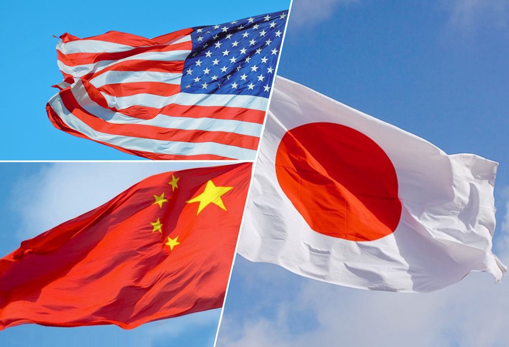 Flagi Stanów Zjednoczonych, Chin i Japonii