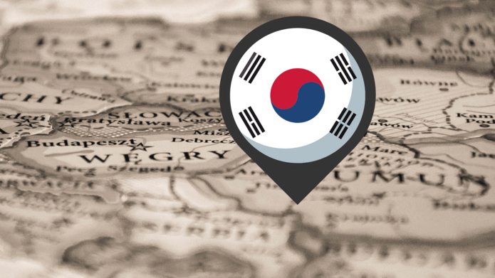 Mapa i pinezka z flagą Korei Południowej