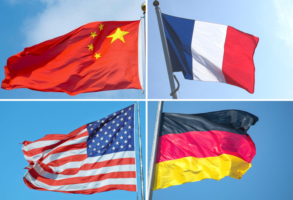 W lewym górnym rogu flaga Chin, w prawym górnym rogu flaga Francji, w lewym dolnym rogu flaga USA, w prawym dolnym rogu flaga Niemiec/In the upper left corner, the flag of China, in the upper right corner, the flag of France, in the lower left corner, the US flag, in the lower right corner, the flag of Germany