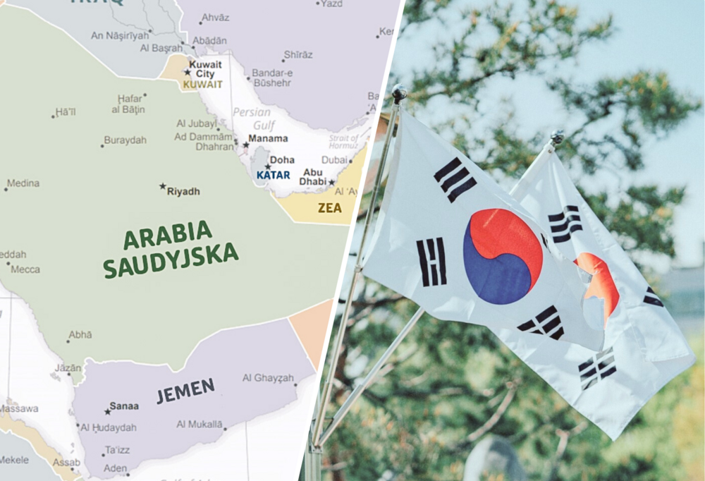 Po lewej stronie mapa Bliskiego Wschodu a po prawej stronie flaga Korei Południowej/On the left side there is a map of the Middle East and on the right side there is the flag of South Korea