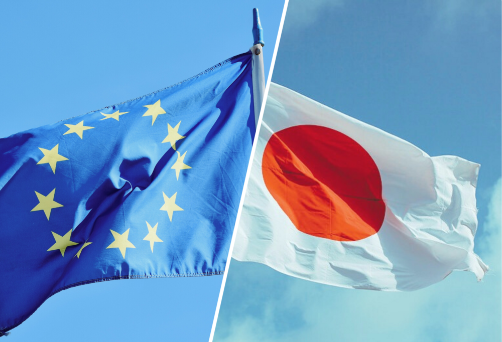 On the left side, the flag of the European Union, and on the right side, the flag of Japan