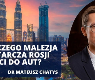 Po lewej stronie widok na wieże Petronas w Kuala Lumpur z napisem "Dlaczego Malezja dostarcza Rosji części do aut?", a po prawej stronie zdjęcie pracownika Ośrodka Spraw Azjatyckich UŁ/On the left, a view of the Petronas Towers in Kuala Lumpur with the inscription "Why Malaysia supplies car parts to Russia?", and on the right, a photo of an employee of the Centre for Asian Affairs of the University of Lodz