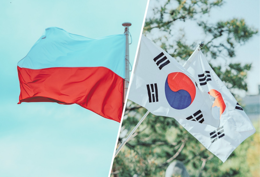 Po lewej stronie flaga Polski, a po prawej stronie flaga Korei Południowej/The Polish flag on the left and the South Korean flag on the right