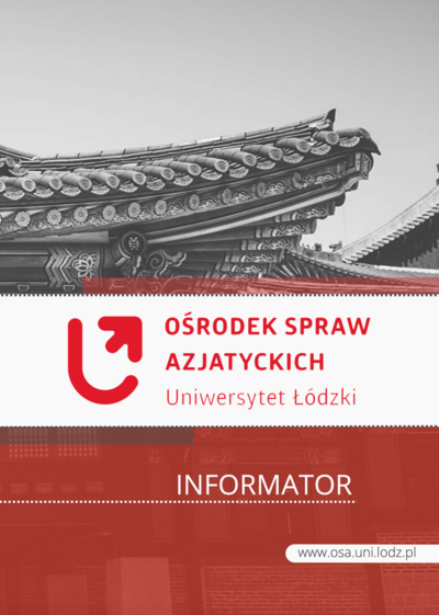 Okładka foldera Ośrodka Spraw Azjatyckich z logiem Uniwersytetu Łódzkiego na tle fragmentu azjatyckiej budowli/The cover of the folder of the Centre for Asian Affairs with the logo of the University of Lodz against the background of a fragment of an Asian building