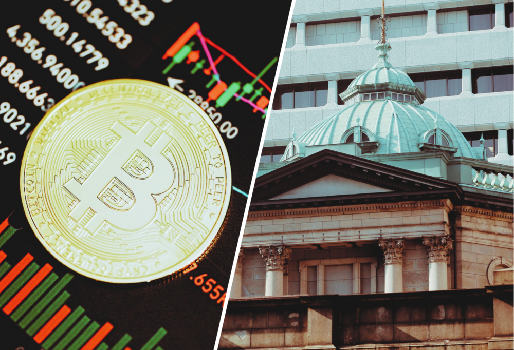 Po lewej żółta moneta Bitcoin na czarnym tle z białymi cyframi i zielono-czerwonymi wykresami giełdowymi, po prawej japoński budynek w kolorze brzoskwini z białą kopułą i metalową sztycą na tle białego budynku z oknami.