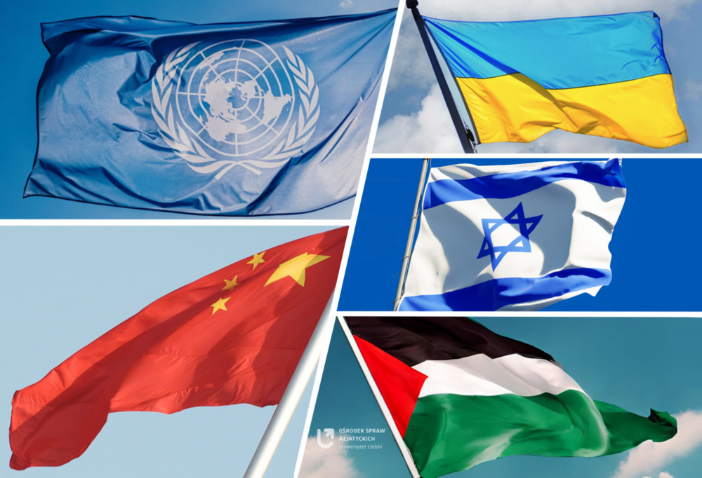 W lewym górnym rogu flaga ONZ, w lewym dolnym rogu flaga Chin, a po prawej stronie od góry flaga Ukrainy, pod nią flaga Izraela a w prawym dolnym rogu flaga Palestyny