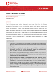 Pierwsza strona opracowania CAA Brief z czerwonym logiem Ośrodka Spraw Azjatyckich w lewym górnym rogu, pod którym znajduje się czerwony pasek z napisem "CAA Brief" a pod nim czarny tekst na białej stronie