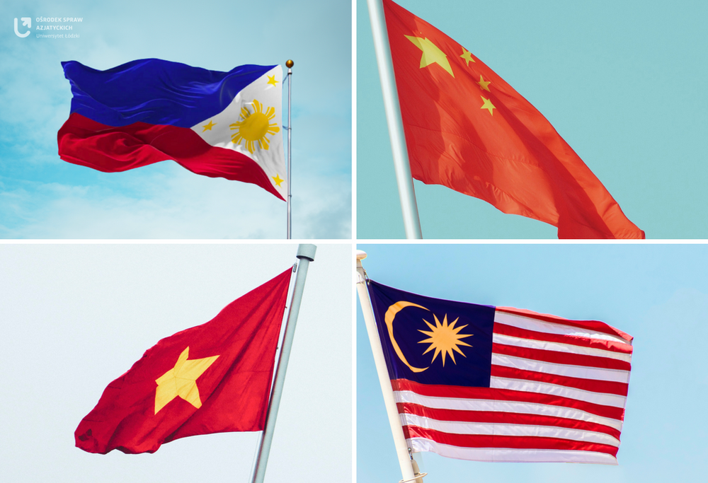 W lewym górnym rogu flaga Filipin, w lewym dolnym rogu flaga Wietnamu, w prawym górnym rogu flaga Chin, w prawym dolnym rogu flaga Malezji