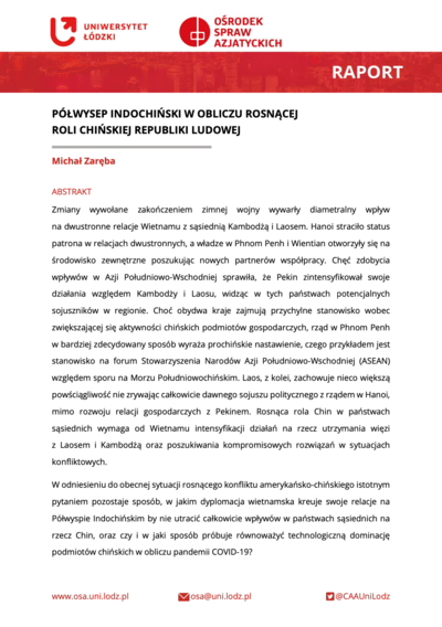 Strona tytułowa raportu w odcieniach bieli i czerwieni z tytułem oraz logami Uniwersytetu Łódzkiego w lewym górnym roku oraz Ośrodka Spraw Azjatyckich w prawym górnym rogu