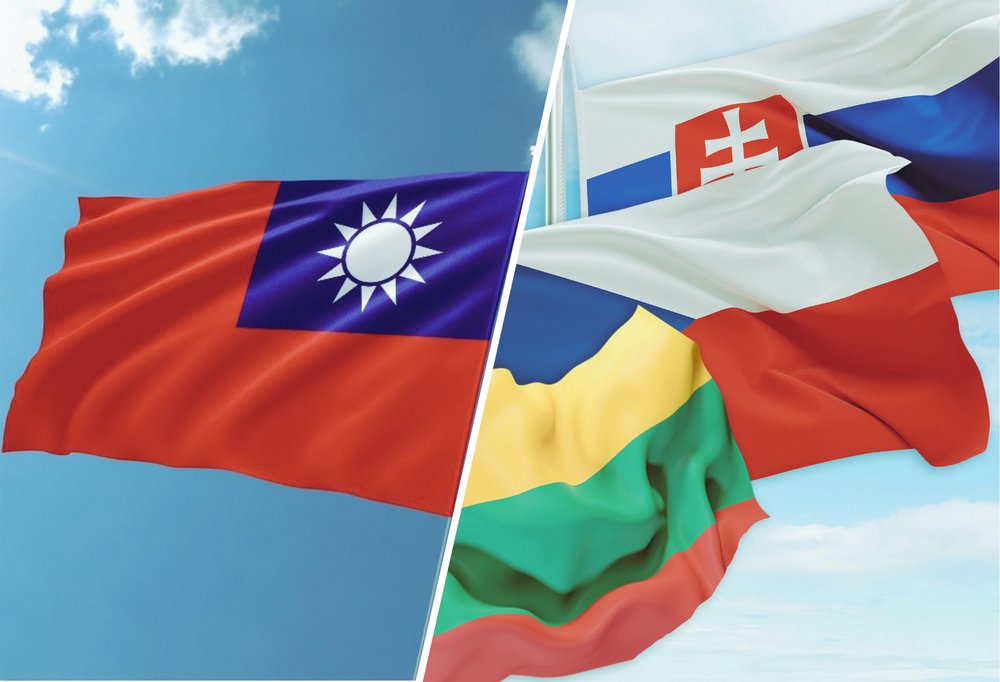 Po lewej stronie flaga Tajwanu, a po prawej stronie flagi Słowacji, Czech i Litwy/The flag of Taiwan on the left and the flags of Slovakia, the Czech Republic and Lithuania on the right