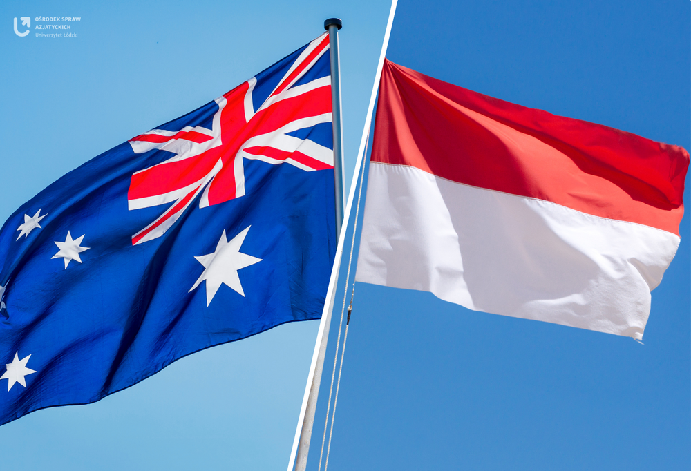 Po lewej stronie flaga Australii a po prawej stronie flaga Indonezji