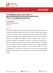 Pierwsza strona opracowania CAA Brief z czerwonym logiem Ośrodka Spraw Azjatyckich w lewym górnym rogu, pod którym znajduje się czerwony pasek z napisem "CAA Brief" a pod nim czarny tekst na białej stronie