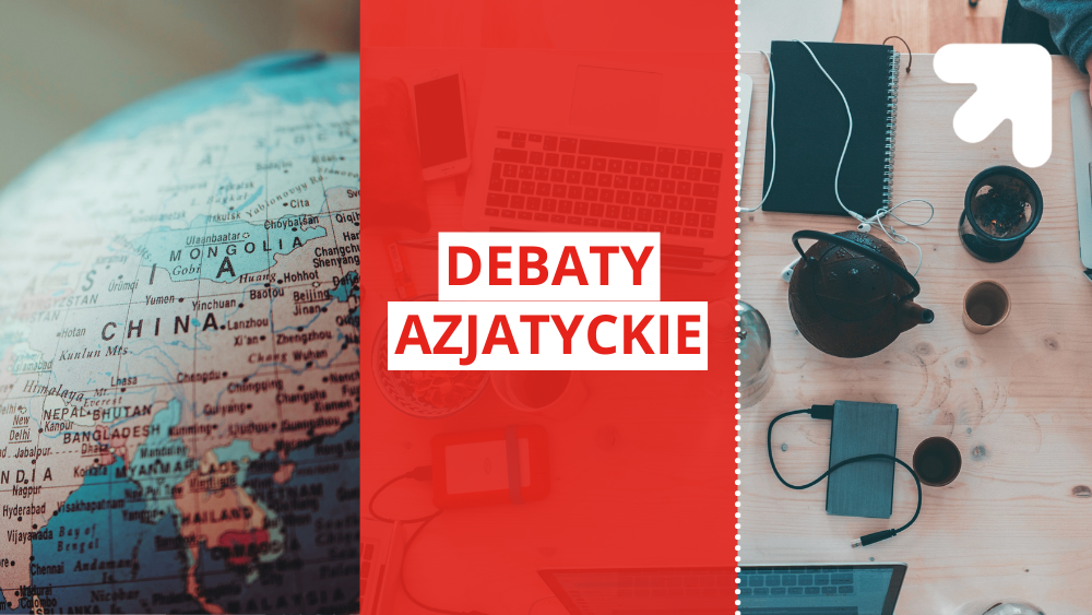 Czerwona grafika debat azjatyckich z logami UŁ oraz innych współorganizatorów/Red graphics of Asian debates with logos of the University of Lodz and other co-organizers